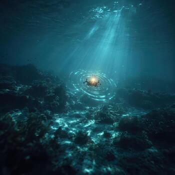 An underwater scene with a light shining on the ocean photo