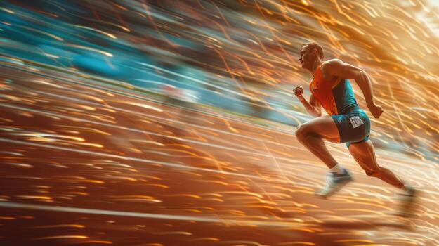 Athlete running on track with bright light photo