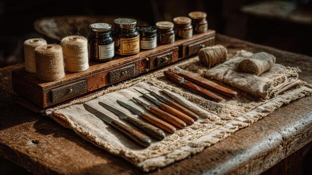 A wooden table with a variety of tools and spools photo