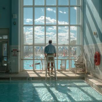 A man stands in front of a large window looking out at the water photo
