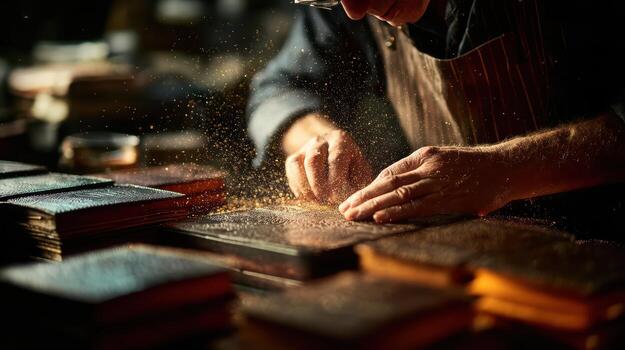 A man is working on a book with a hammer photo