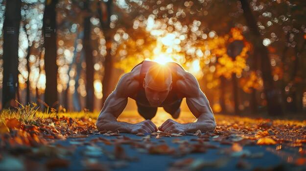 A man is doing push ups in the middle of a forest photo
