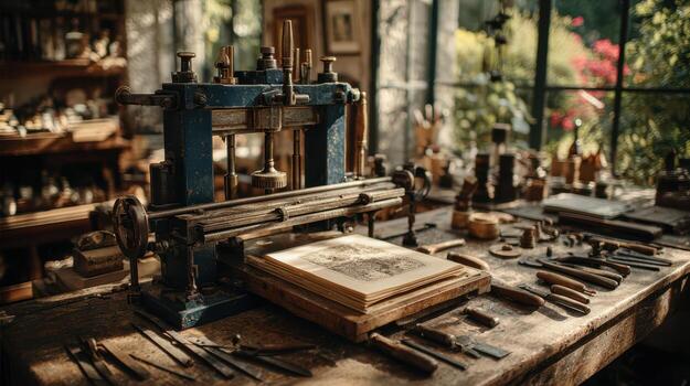 An old fashioned printing press sits on a table in a room photo