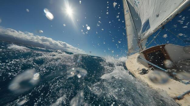 A sailboat in the ocean with waves and sun photo