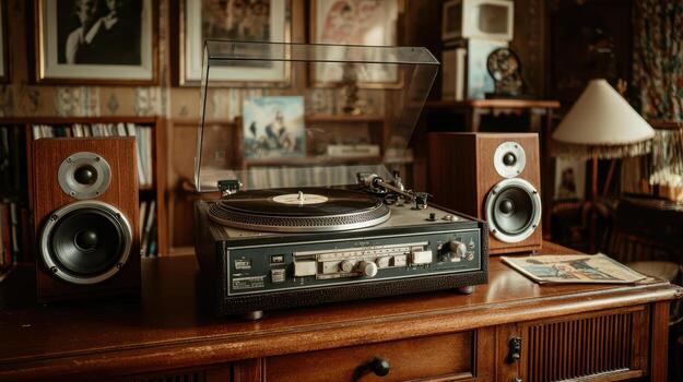 A record player and speakers on a wooden table photo