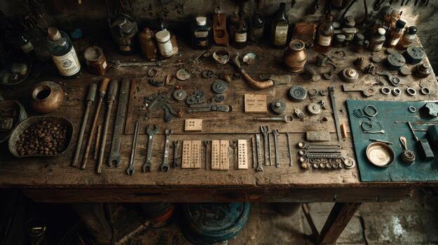 A table with various tools and bottles on it photo
