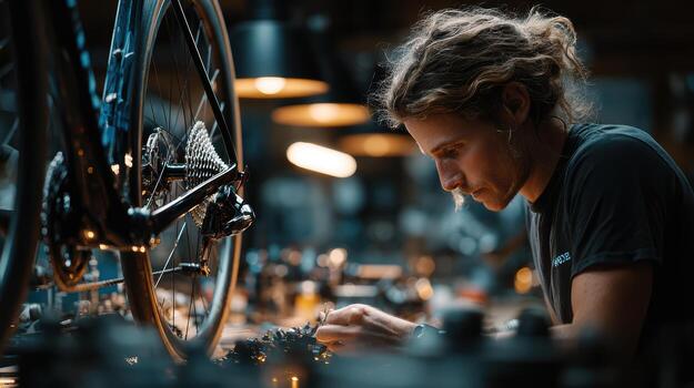 A woman working on a bicycle in a workshop photo