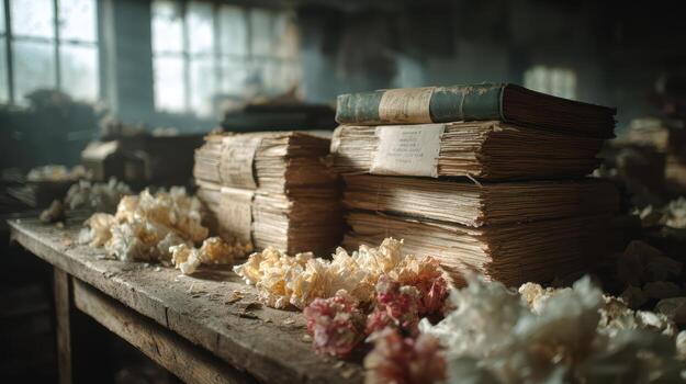 un mesa con libros y flores en eso foto