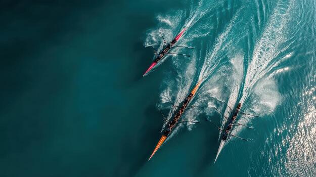 Three rowers in a row on the water photo
