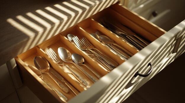 A drawer with silverware and spoons in it photo