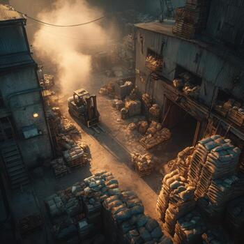 A warehouse with stacks of crates and a forklift photo