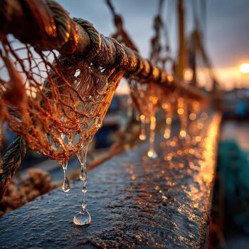 A fishing net with water droplets hanging from it photo