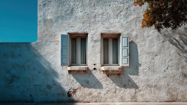 A white building with two windows photo