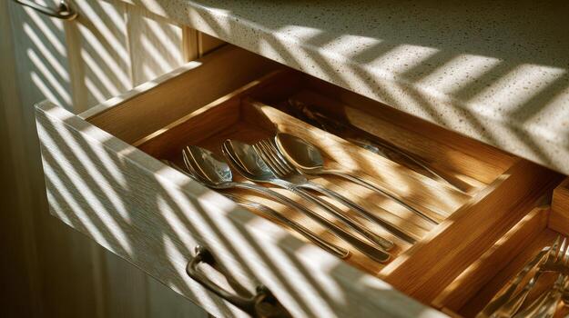 A drawer with silverware in it photo