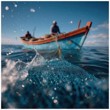 Fishing boat in the ocean with a net photo