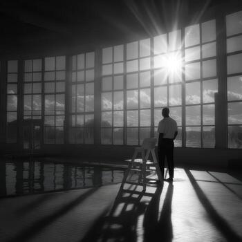 A man stands in front of a large window looking out at the sun photo