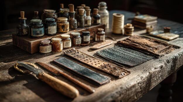 A table with various items on it photo