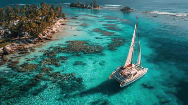 A sailboat is anchored in the ocean near a small island photo