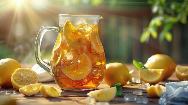 A pitcher of lemonade with slices of lemons photo