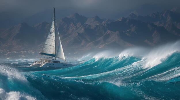 A sailboat in the middle of a large wave photo