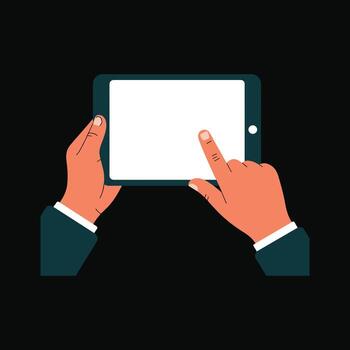 Hands holding tablet device with touchscreen interaction, digital technology illustration, mobile application usage, business communication, modern gadget, online connection, smart device design. vector