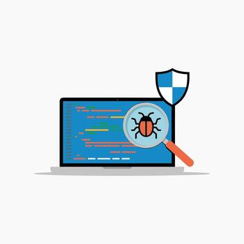 Cybersecurity illustration of laptop with magnifying glass detecting virus bug, malware analysis, computer protection, software security, online safety, antivirus inspection, digital technology vector