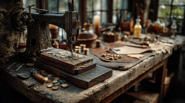 A sewing machine sits on a table with other items photo