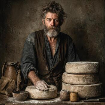 A man with a beard and a hat is making cheese photo