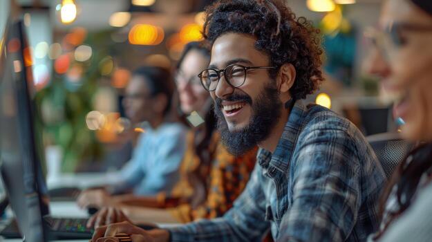 un hombre con un barba y lentes es sonriente mientras trabajando en un computadora foto