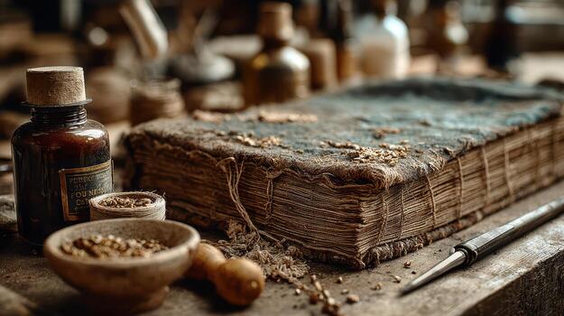 An old book with a bottle and other items on a table photo