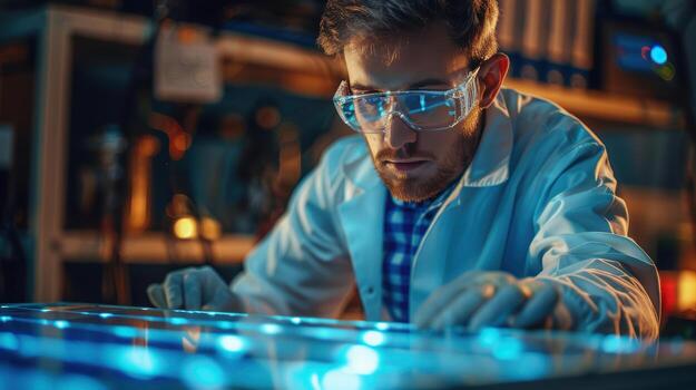 A man in a lab coat is working on a computer photo
