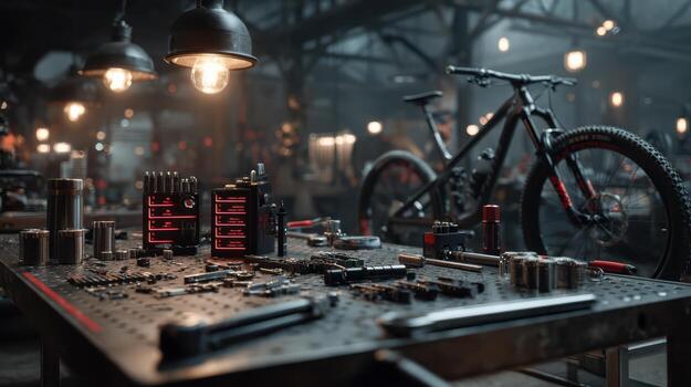 A bicycle is sitting on a table in a workshop photo