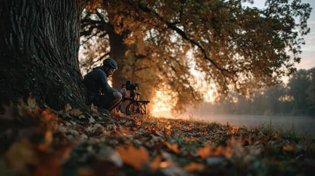 A man sitting under a tree with his camera photo