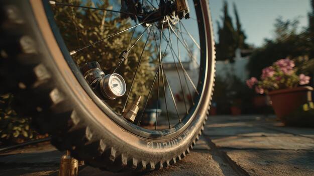 A bicycle tire is shown on a stone path photo