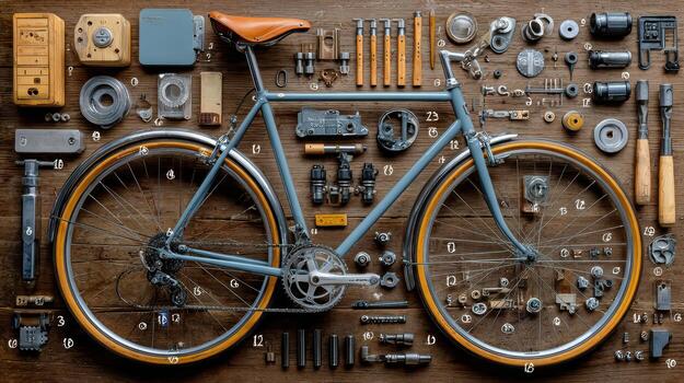 A bicycle is surrounded by various tools and parts photo