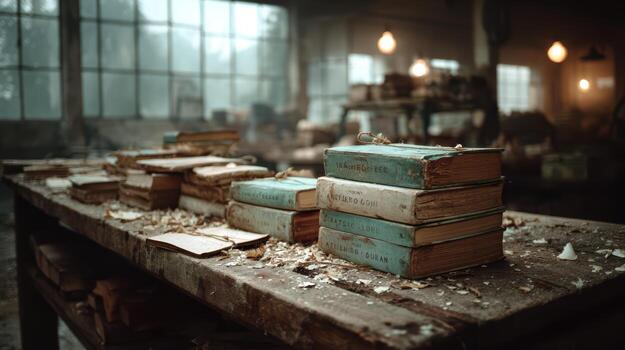 A table with many books on it in a warehouse photo
