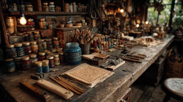 A wooden table with many different types of tools photo