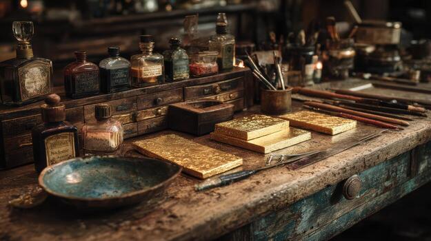 A table with gold and other items on it photo