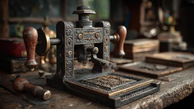 An old fashioned typewriter sits on a table photo
