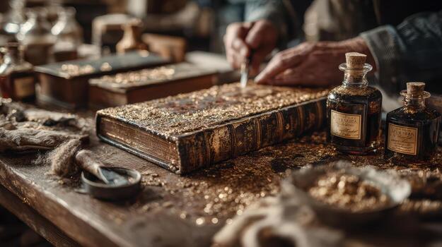 A man is working on a book with gold on it photo