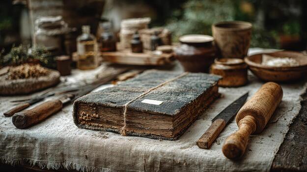 An old book on a table with other items photo