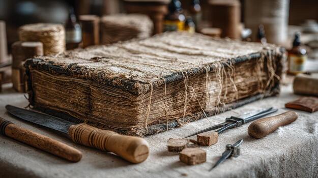 An old book with a bunch of tools on it photo