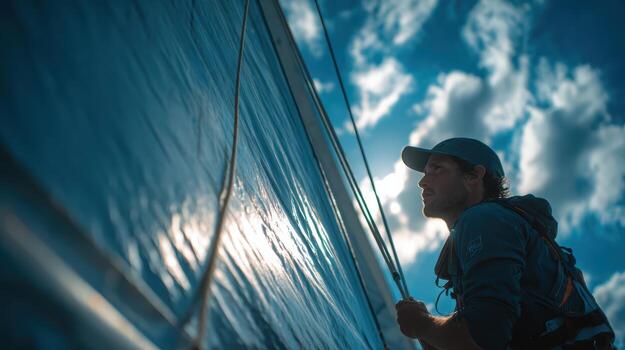 A man is standing on the side of a sailboat photo