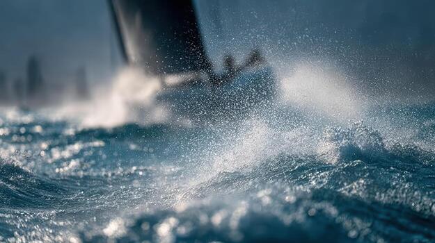 A sailboat in the ocean with waves and wind photo