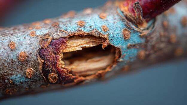 A close up of a tree branch with holes photo