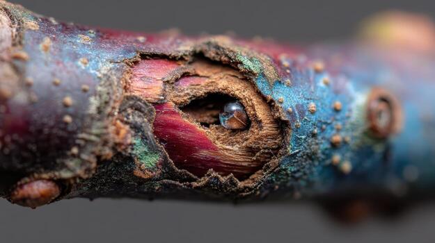 A close up of a tree branch with a hole in it photo