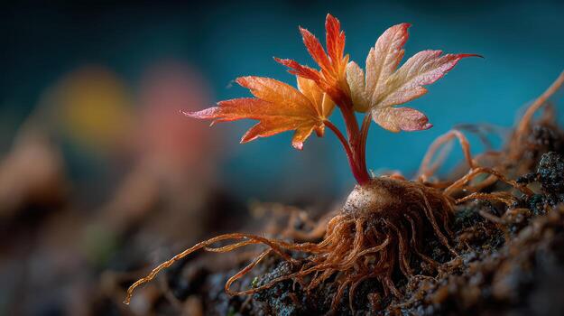 A small tree with red leaves growing out of the ground photo