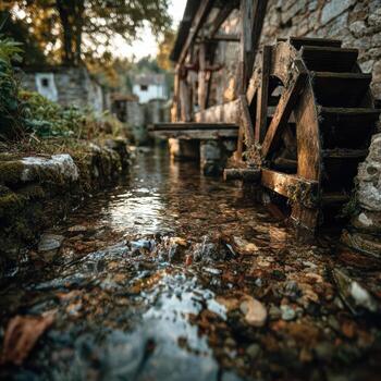 A water wheel in a stream near a stone building photo
