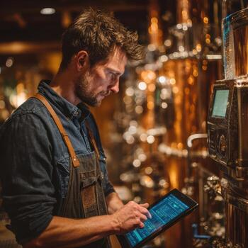 un hombre en un delantal es utilizando un tableta computadora en un cervecería foto