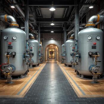 A long hallway with several large tanks and pipes photo